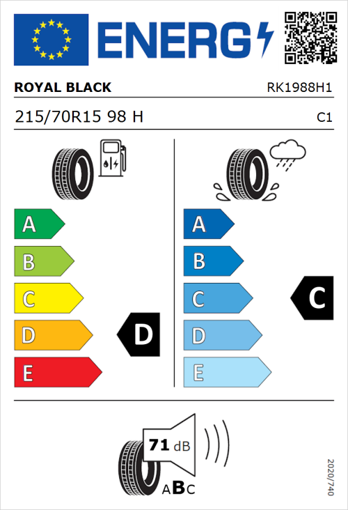 Tyre Label for Royal Black Royal Mile 215/70R15 98H