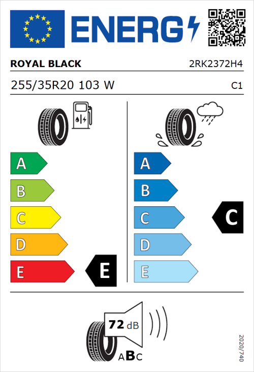 Tyre Label for Royal Black Performance 255/35R20 103W
