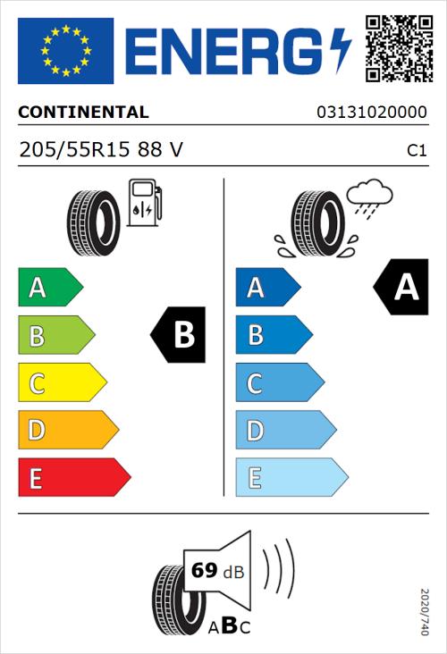 Tyre Label for Continental UltraContact 205/55R15 88V