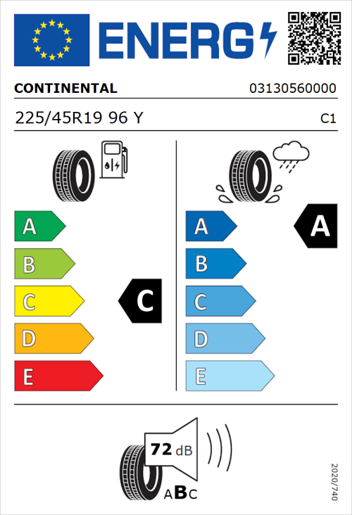 Tyre Label for Continental Premium Contact 7 225/45R19 96Y