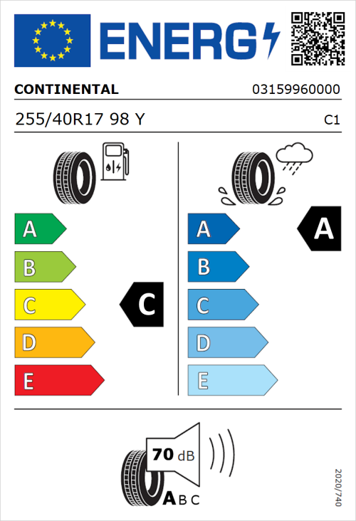 Tyre Label for Continental UltraContact 255/40R17 98Y